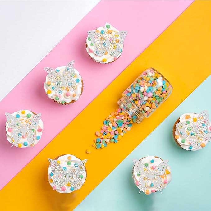 Gyufise 36 Pack Silver Glitter 3D Butterfly Cupcake Toppers Hollow Cake Decorations for Birthday Wedding Fairy Party Wall Sticker Decal