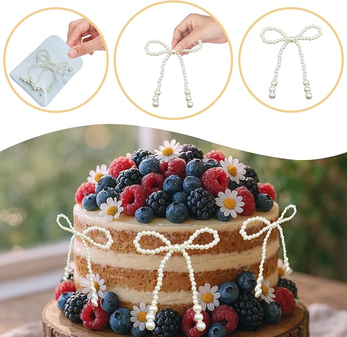 6 Pcs Pearl Bow Cake Decoration, White 4.3" ??3.9" Imitation Pearl Bow Cupcake Toppers Coquette Party Bouquets Decor for Wedding Bridal Shower Birthday Decoration Supplies (White)