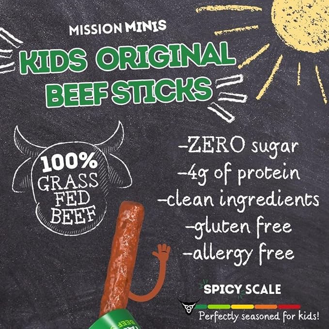 Mission Meats Kids Beef Sticks – 100% Grass Fed & Pasture Raised, Healthy Snacks for Kids and Toddlers, Sugar Free Protein, Gluten & Nut Free, Individually Wrapped, Mini 0.5oz (24ct Bag)