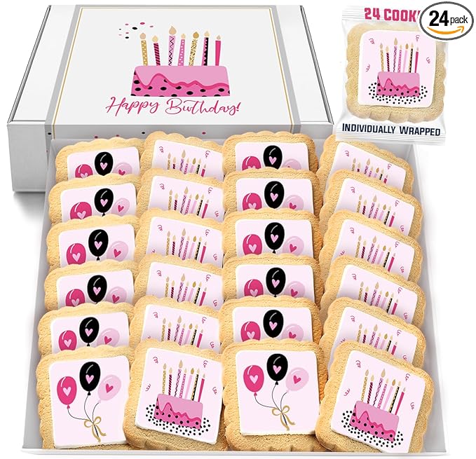 Happy Birthday Party Cookies Pink Cake Balloons Individualy Wrapped Printed Cookies 24 Pack Bulk