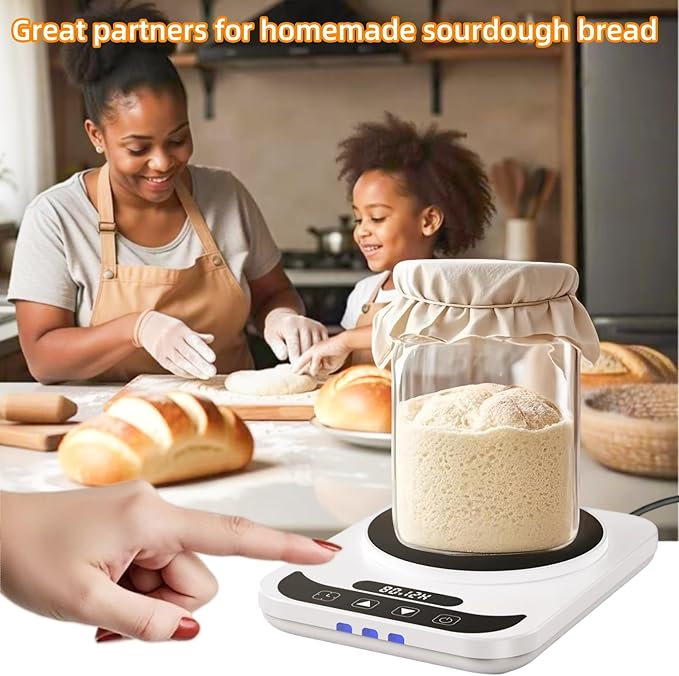Sourdough Starter Warmer Mat - 12H Timer & Precise 1°F Thermostat (70-100°F) - Auto On/Off - Fits 40oz Jars for Home Baking (White)