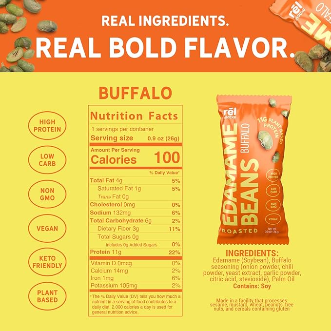 R휆l Snacks Buffalo Roasted Edamame ??High Protein Low Carb Snack (11g Protein per Serving) ??Keto-Friendly, Vegan, Non-GMO ??10-Pack 0.9oz Bags
