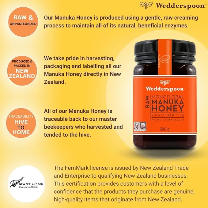 Wedderspoon Raw Premium Manuka Honey, KFactor 16, 17.6 Oz, Unpasteurized, Genuine New Zealand Honey, Traceable from Our Hives to Your Home