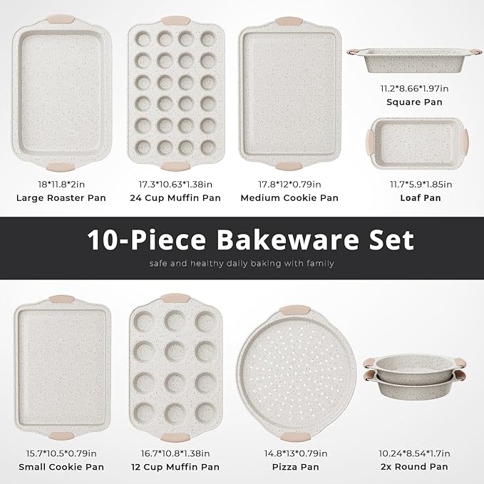 11-Piece Baking Pans Set Nonstick, Stackable Bakeware, Toxin-Free Baking Pans Set with Silicone Handles, Includes Cookie Sheets, Cake Pan, Loaf Pan, Pizza Pan, Muffin Pan, White&Khaki