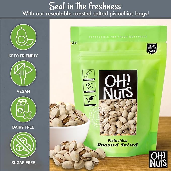 Oh! Nuts Pistachios ??California Roasted Salted Pistachios, 2 LB Bag ??Premium Dry Roasted Nuts, Vegan, Gluten-Free, Kosher Snack