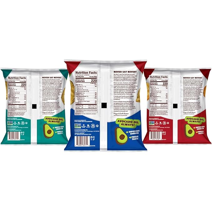 Jackson?™s Classic Kettle Potato Chips (Variety Pack, 1.5 oz, Pack of 10) - Made with Premium Avacado Oil, Sea Salt, Salt & Vinegar and BBQ Flavors - Allergen-friendly, Gluten Free, Vegan