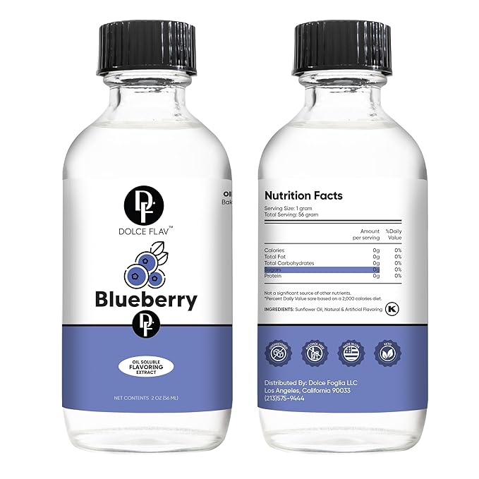 Dolce Flav Blueberry Extract ??2 Ounce Oil-Soluble Kosher, Sugar-Free, Concentrated Ripe Blueberry Flavoring for Baking, Chocolates & Desserts, Includes Measured Dropper