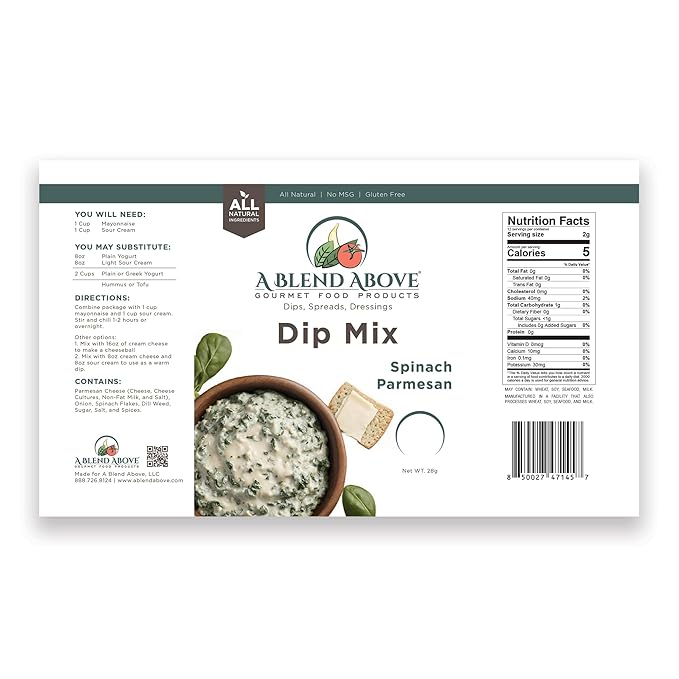 A Blend Above Spinach Parmesan Dip Mix, 1oz, (3 Pack), Gluten-Free, No MSG, All Natural, No Preservatives, Vegetable Dip, Keto Friendly, Low Carb, Easy to Make