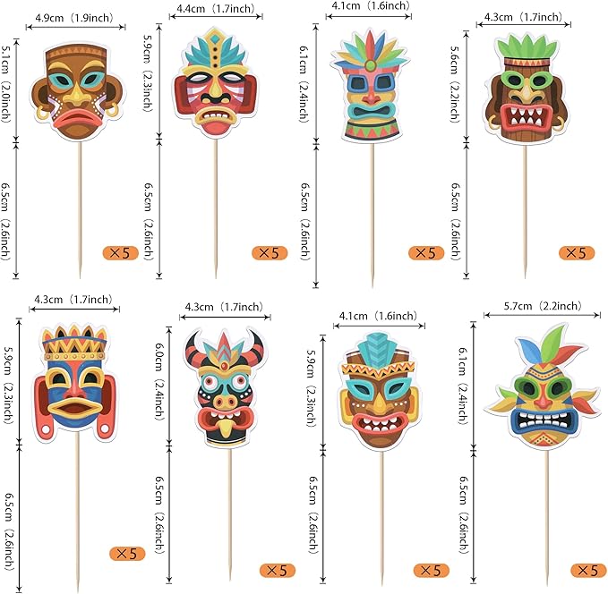 40 Pack Tiki Tribal Masks Cupcake Toppers Hawaiian Tropical Tiki Totem Cupcake Picks Summer Hawaiian Aloha Tropical Birthday Cupcake Decorations Party Supplies