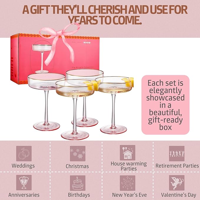 Khen Ribbed Vintage Art Deco Coupe Glasses - Martini, Champagne & Cocktail Ribbed Glasses 8oz | Crystal Ripple Goblet Glassware Set, Pink Gilded, 4 Pieces, Housewarming Gift