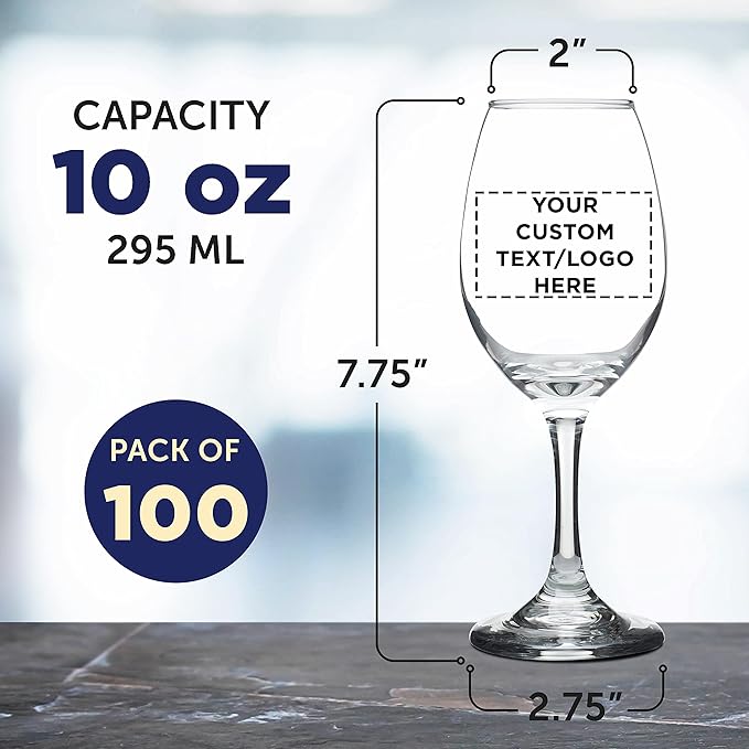 Custom Rioja Wine Glasses with Stem 10 oz. Set of 100, Personalized Bulk Pack - Color Bottom, Perfect for Wedding, Party Favors, Birthday, Bridal Shower Gifts - Clear