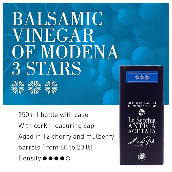 La Secchia Balsamic Vinegar of Modena PGI "Three Stars", Aged in 12 Cherry-Mulberry Barrels, Medium Density, 250 ml Bottle with Cork Pourer