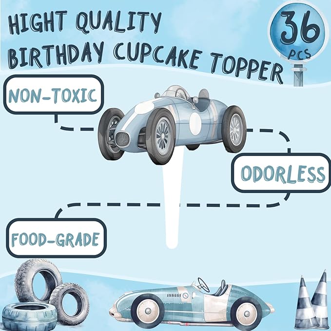 36 Pcs Race Car Cupcake Toppers - Perfect for Race Car Birthday Cupcake Toppers, Baby Shower and Cake Decor