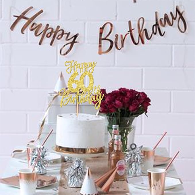 1 PCS Happy 60th Birthday Cake Topper Glitter Cheers to 60 Years Birthday Cake Pick Sixty Hello 60 Fabulous Cake Decoration for Happy 60th Birthday Anniversary Party Decorations Supplies Gold