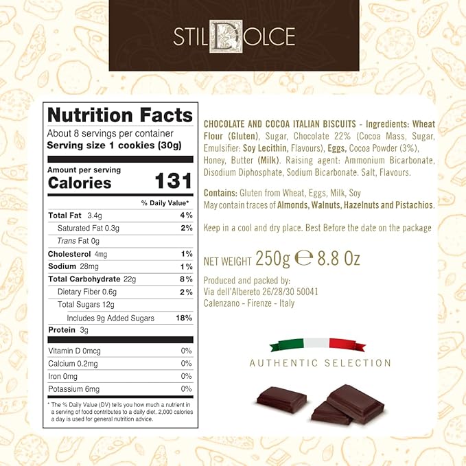 Stildolce Semi-Soft Chocolate Italian Biscotti Cookies| Made in Tuscany, Italy| Classic Gourmet Biscuits No Preservatives 8.8 Oz