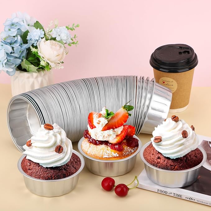 Beasea Aluminum Ramekins 8oz 100 Pack, Disposable Ramekins Foil Cups Baking 3.9" Ramekin Cup Cupcake Aluminum Mini Baking Cups for Party - Silver