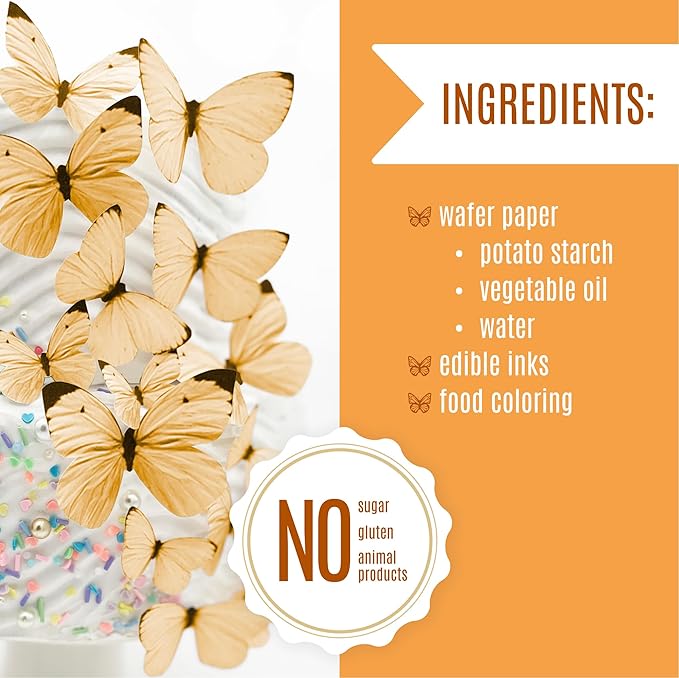Sugar Robot Edible Butterflies for Cake Decorating - Small Pastel Orange Butterfly Cake Toppers and Cupcake Toppers - Decoration Made in the USA - Premium Crafted (Orange)