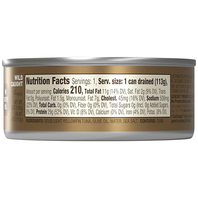 Genova Premium Yellowfin Tuna in Olive Oil, 4 - 5 Ounce Cans (Pack of 6), Wild Caught Canned Tuna, Solid Light