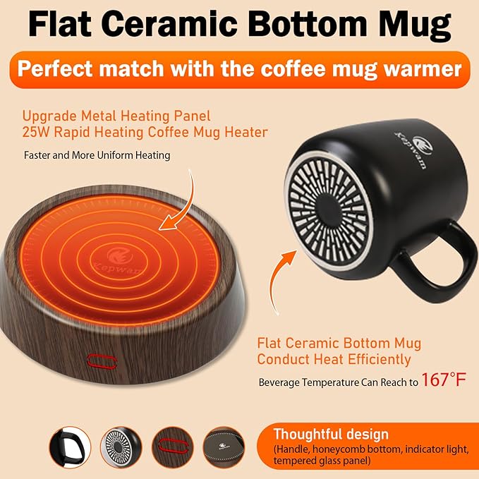 Coffee Mug Warmer & Kepwam Mug Set, Electric Coffee Cup Warmer for Desk with 6H Auto Shut Off, 3 Temperature Settings Smart Coffee Warmer for Heating Coffee, Beverage - Best Present Ideas for Dad Mom