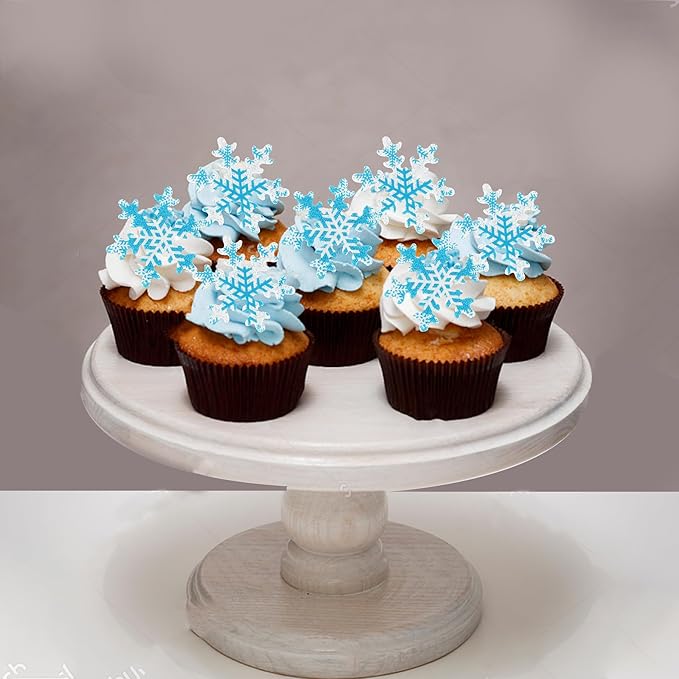 Rsstarxi 50 Pack Snowflake Edible Cupcake Toppers Rice Paper Edible Snowflake Cupcake Picks for Frozen Winter Snowflake Theme Baby Shower Wedding Birthday Christmas Party Cake Decorations