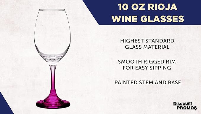 DISCOUNT PROMOS Rioja Wine Glasses with Stem 10 oz. Set of 10, Bulk Pack - Color Bottom, Perfect for Wedding, Party Favors, Birthday, Bridal Shower Gifts - Pink