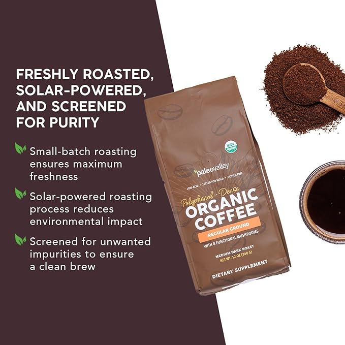 Paleovalley Organic Ground Coffee, 10 oz - Regular, Low Acid, Single-Origin, Polyphenol-Rich, Infused with Mushrooms & Coffee Fruit Extract
