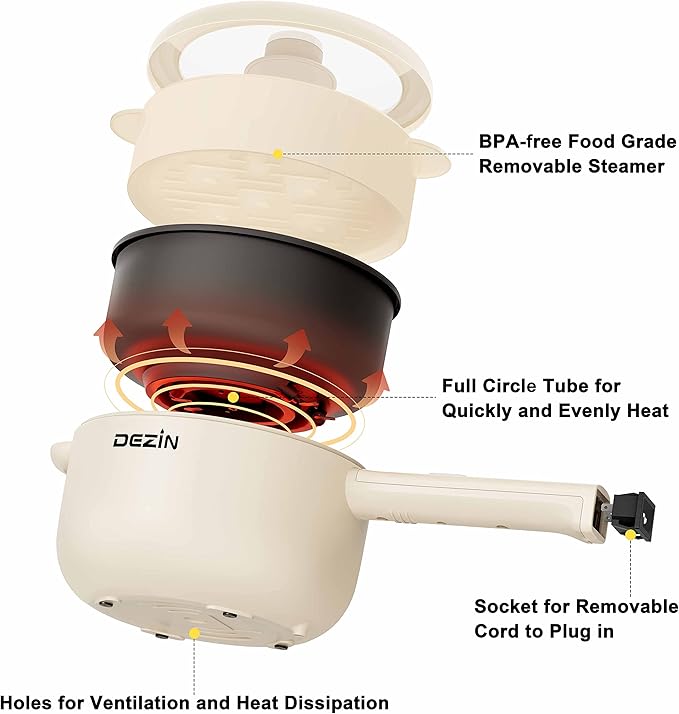 Dezin Electric Cooker, 2L Non-Stick Saut챕 Pan, Rapid Noodles Cooker, Mini Pot for Steak, Egg, Fried Rice, Ramen, Oatmeal, Soup with Power Adjustment, College Dorm Room Essential(Egg Rack Included)