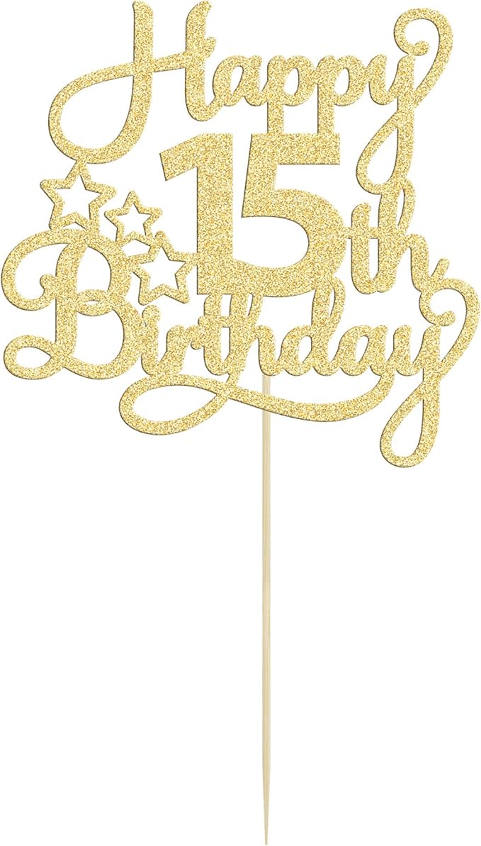 1 Pack Happy 15th Birthday Cake Topper Gold Glitter Mis Quince 15 Cheers to 15 Years Old Cake Pick for Celebrating 15th Birthday Anniversary Party Cake Decorations Supplies