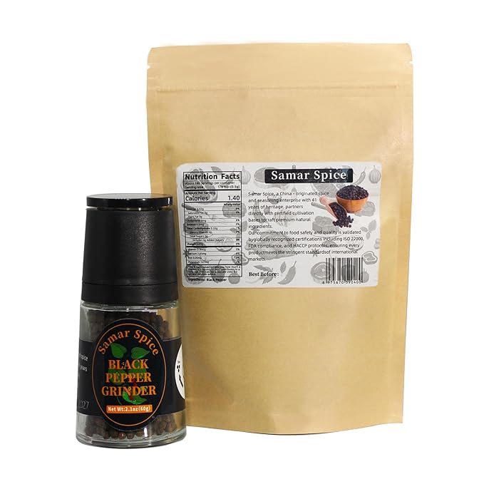 Whole Black Peppercorns with Adjustable Grinder(2.1oz+7oz) & Refill Pack | Restaurants & Home Cooks | Enhances Meat, Beef, Steak & Meat Lovers' Dishes (60g+200g)