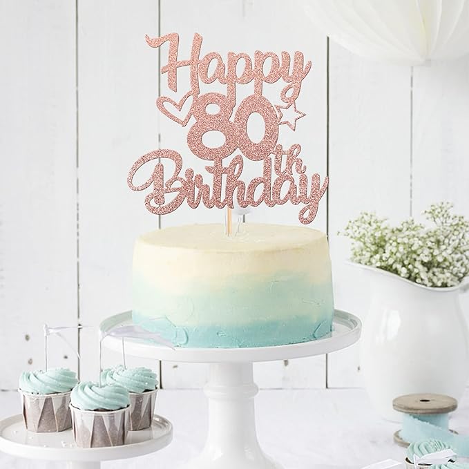 1 Pack Happy 80th Birthday Cake Topper Glitter Heart Star 80 Fabulous Cake Pick Birthday Sign Cake Decorations for 80th Birthday Theme Party Supplies Rose Gold