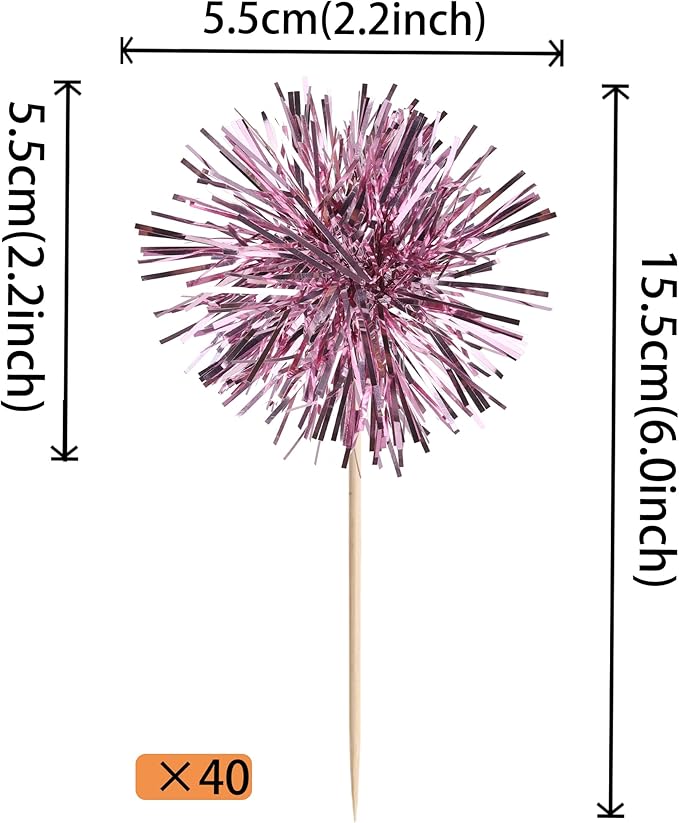 40 PCS Foil Firework Cupcake Toppers Sparkle Tinsel Cupcakae Picks Sparkler Fireworks Party Decorations Cocktail Fruit Toothpick for Birthday Wedding Graduation Party Decorations Supplies Pink
