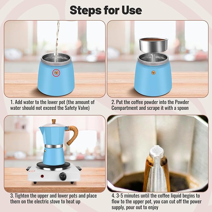 3 Cup Aluminum Moka Pot Classic Stovetop Espresso Coffee Maker 150ml 5oz Coffeemaker Percolator Mocha Pot Greca Coffee Maker Cafe Makers for Italian and Cuban Cafì±?Brewing Blue
