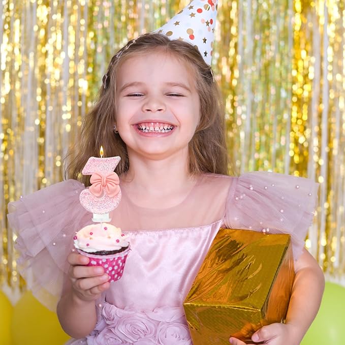 Birthday Cake Candles, Pink Glitter with Bow Cake Candles, Birthday Party Cake Toppers, Cute Birthday Candle Decorations (3)