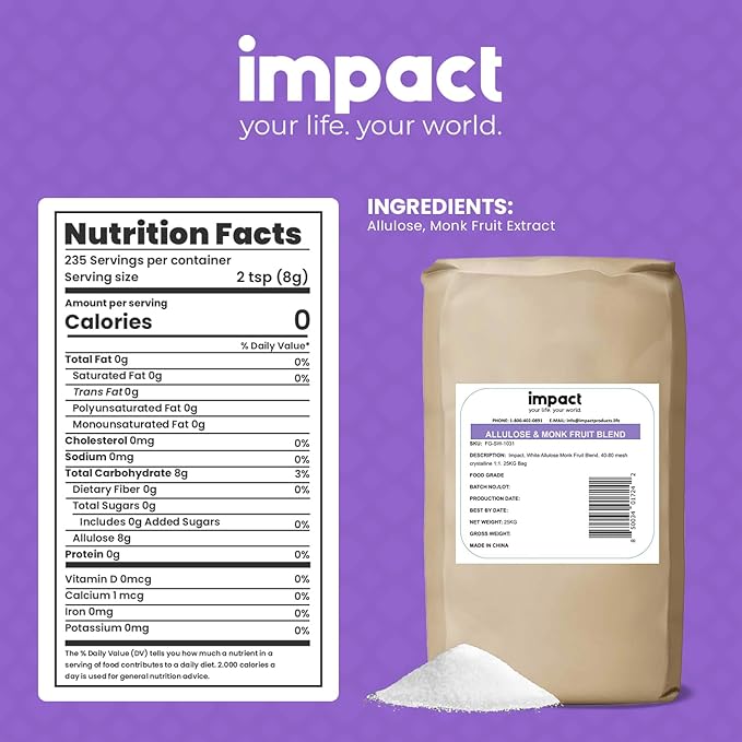 Impact - Monk Fruit Allulose Sweetener, Crystallized Blend Sugar Substitute - Zero Calorie Low-Carb Essential for Low-Carb Recipes - 25kg