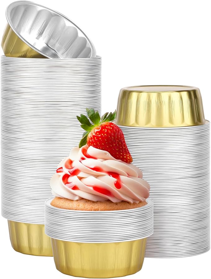 Beasea Disposable Aluminum Ramekins, 8oz 200 Pack Ramekins Foil Baking Cups 3.9" Ramekin Cup Cupcake Aluminum Mini Baking Cups for Party - Golden