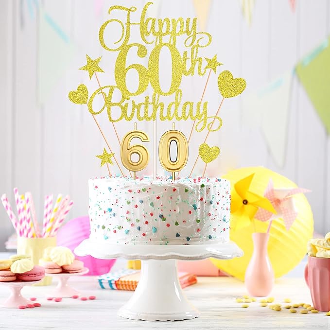 60th Birthday Cake Decorations Set Include 60th Birthday Candles Numeral 60 Cake Candles and Happy 60th Birthday Cake Toppers with Heart Star Cupcake Picks for Birthday Party (Gold Series)
