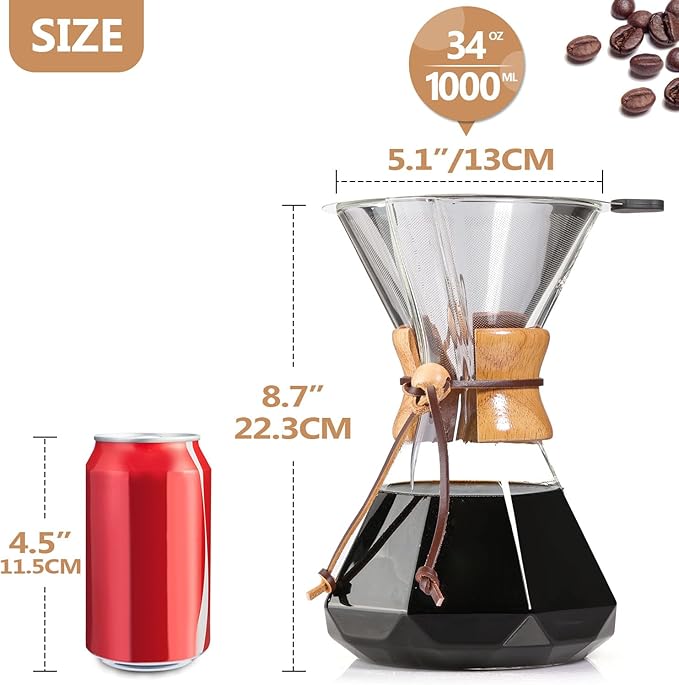 Pour Over Coffee Maker 34 OZ, 10 Cup Borosilicate Glass Drip Coffee Maker with Reusable Stainless Steel Filter and Cork Grip for Home Caf챕 1000 ML (Diamond Shape)