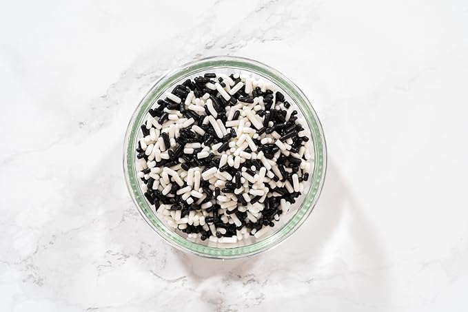 Bakerpan White-Black Jimmies Sprinkles - 6 Ounces Edible Sprinkles for Cake Decorating, Cupcakes, Ice Cream, Cake Decorations (Made in USA)