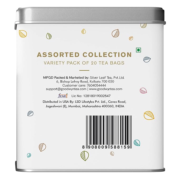 Goodwyn Assorted Herbal Tea Sampler Gift Set Box – 20 Tea Bags (Tulsi, Kahwa, Turmeric, Assam, Green, Lemon & More) | 10 Flavors x 2 Each |Premium Tea Collection in Reusable Tin| Individual bags