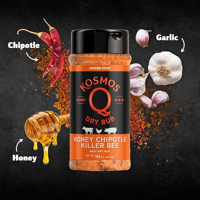Kosmos Q Honey Chipotle Killer Bee BBQ Dry Rub, Sweet and Spicy Seasoning with Sugar, Chipotle, Garlic & Paprika for Ribs, Pulled Pork, Chicken, Dry Rub For Smoking & Grilling, 12.6 Oz Shaker Bottle