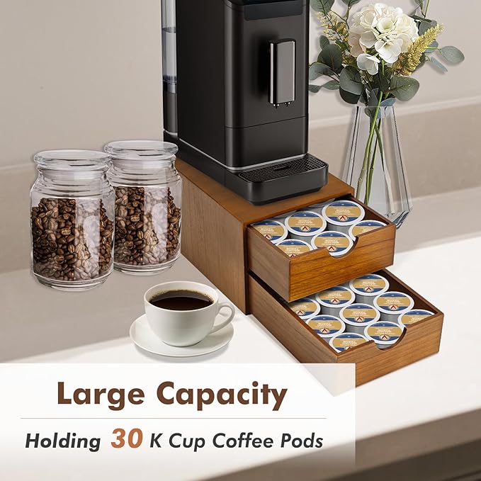 Wooden K Cup Organizer Coffee Pod Storage Box - K Pod Holder with Two Drawers, K Cup Drawer Under Brewer and Coffee Maker Machine Stand, 30 Pod Capacity, Style B ??,<div>