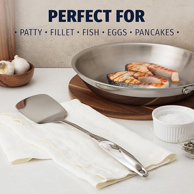Zulay Kitchen Premium Stainless Steel Metal Spatula - Cooking Spoon Turner - Durable Cooking Utensil with Ergonomic, Easy to Use Handle - Easy to Clean, Perfect for at Home Cooks & Chefs - 15??,<div>