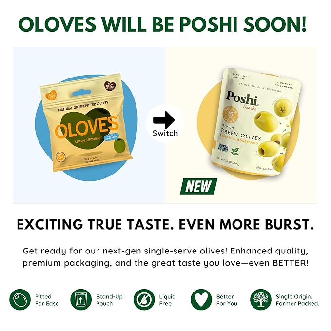 Poshi Green Pitted Olives | Lemon & Rosemary | Vegan, Kosher, Gluten Free + Keto Friendly, Fresh, All Natural Low Calorie Healthy Snacks | (30 Pack, 1.1oz Bags)