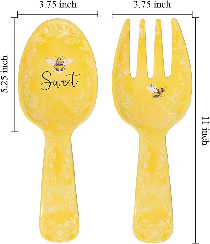 UPware Sweet Bee Melamine Salad Servers, Serving Utensil Set, Includes Serving Fork and Spoon for Tossing Salad, Pasta, Yellow, 10.75 Inch, Set of 2