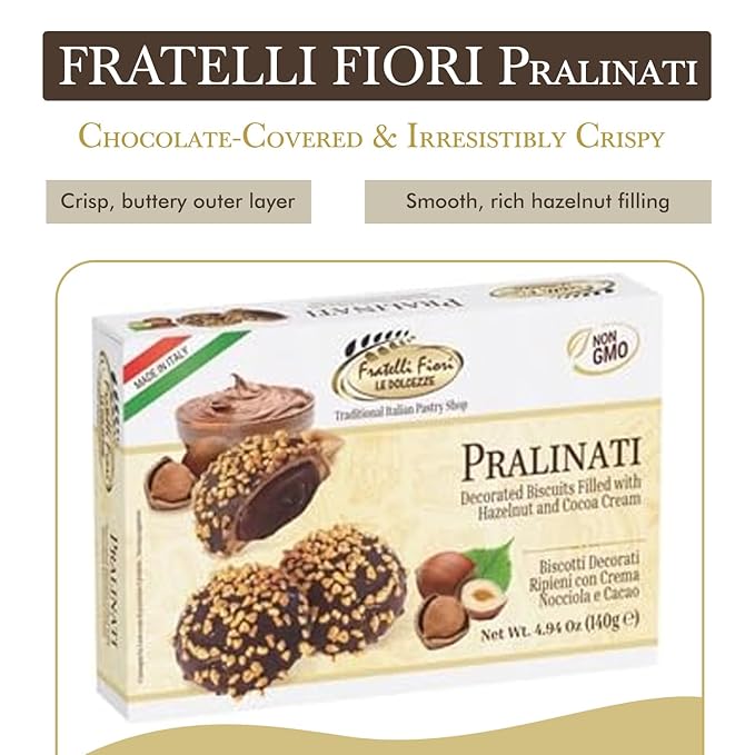 Fratelli Fiori Pralinati Chocolate Cookies - Authentic Italian Cookies with Creamy Hazelnut Center - Gourmet Cookies Ideal for Coffee, Tea, & Dessert - 2-Pack (140g)