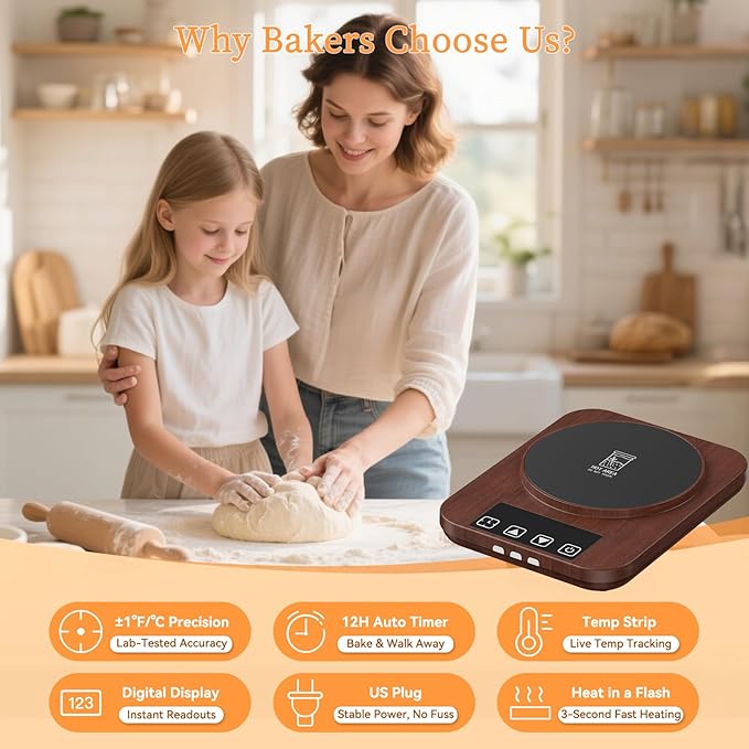 Sourdough Starter Warmer (70-100°F), 1°F Adjustable Sourdough Warming Mat, Waterproof Thermometer Strip, 12H Timer & Auto Shutoff, Safe for Home Bakers & Beginners (US Plug) - Wood Grain