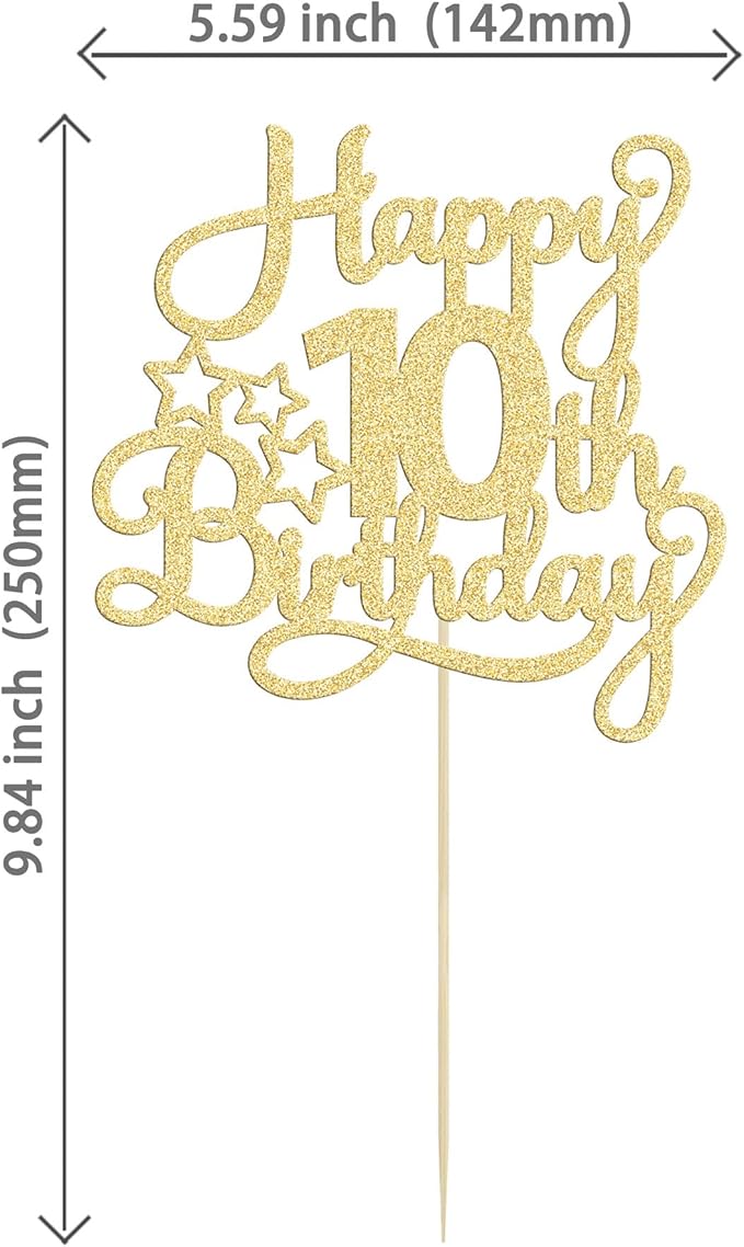 1 Pack Happy 10th Birthday Cake Topper Glitter Heart Star 10 Fabulous Cake Pick Birthday Sign Cake Decorations for Children 10th Birthday Theme Party Supplies Gold