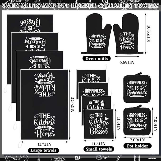 Bencailor 12 Pcs Farmhouse Kitchen Decor Sets, 8 Black Kitchen Dish Towels 2 Pot Holders 2 Oven Mitts Glove, Rustic Hand Towels and Dishcloths Sets for Home Decorations Accessories Christmas Mom Gifts