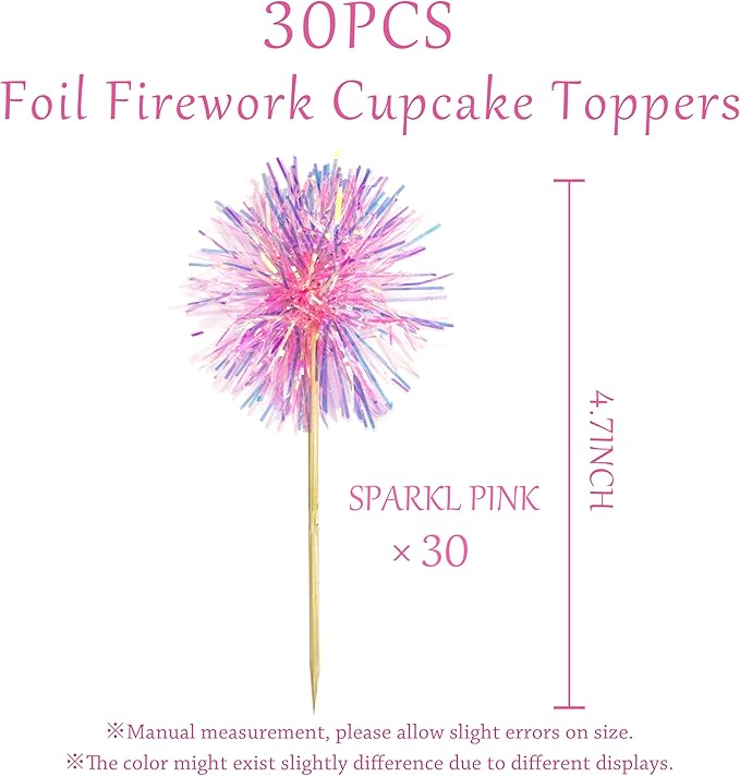 30PCS Foil Firework Cupcake Toppers, Happy Birthday Pink Cake Toppers, Sparkle Tinsel Flower Drink Stirrers Cocktail Food Fruit Toothpicks for Xmas Party Birthday Wedding Ceremony