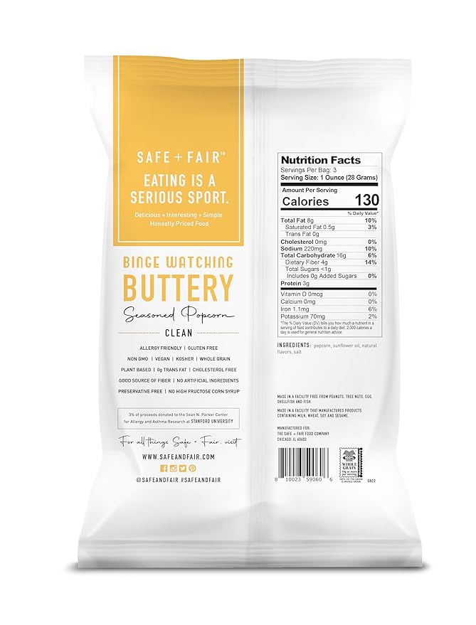 Safe + Fair Plant Based Gourmet Binge Worthy Buttery Seasoned Popcorn - Binge Worthy Buttery Seasoned Popcorn Non-GMO + Gluten Free + Vegan + Kosher Snacks, 3 oz, Pack